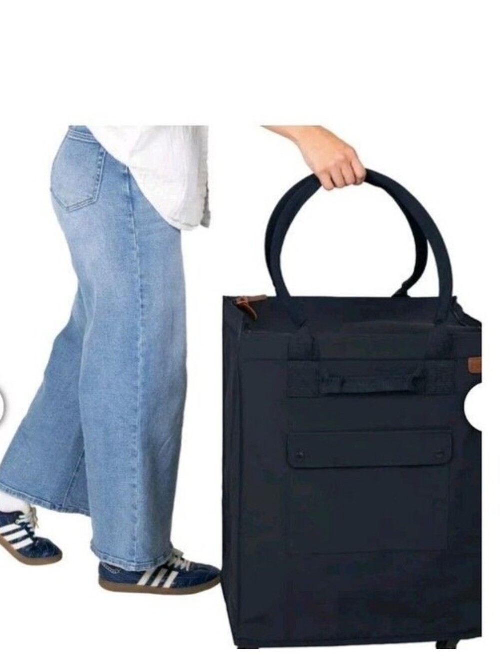 CleverMade Foldable Tote Bag on Wheels 14" Lx18"Wx24"H Soft Grip Navy - Picture 8 of 10